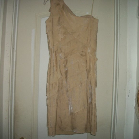 SWEET BEIGE SEMI RUFFLES TIERED ONE SHOULD DRESS 4 - Picture 5 of 6